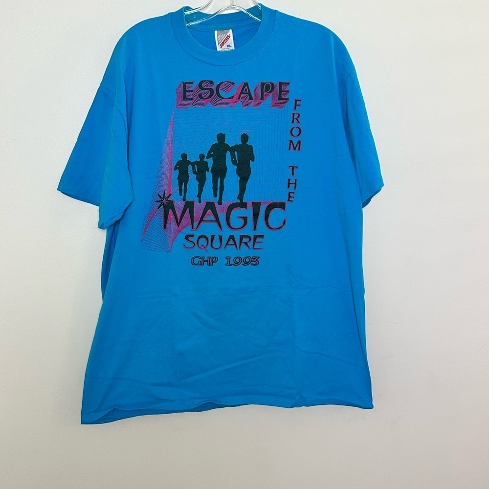 VINTAGE MADE IN USA 1993 Jerzees Blue Short Sleeve Tee with Graphic Design - Picture 3 of 7
